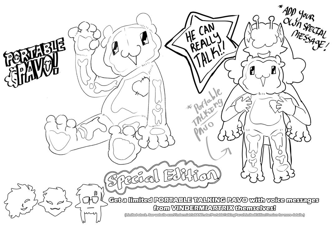 (August 2023) Portable Pavo and Portable Talking Pavo, plush advertisement design for worldbuilding.