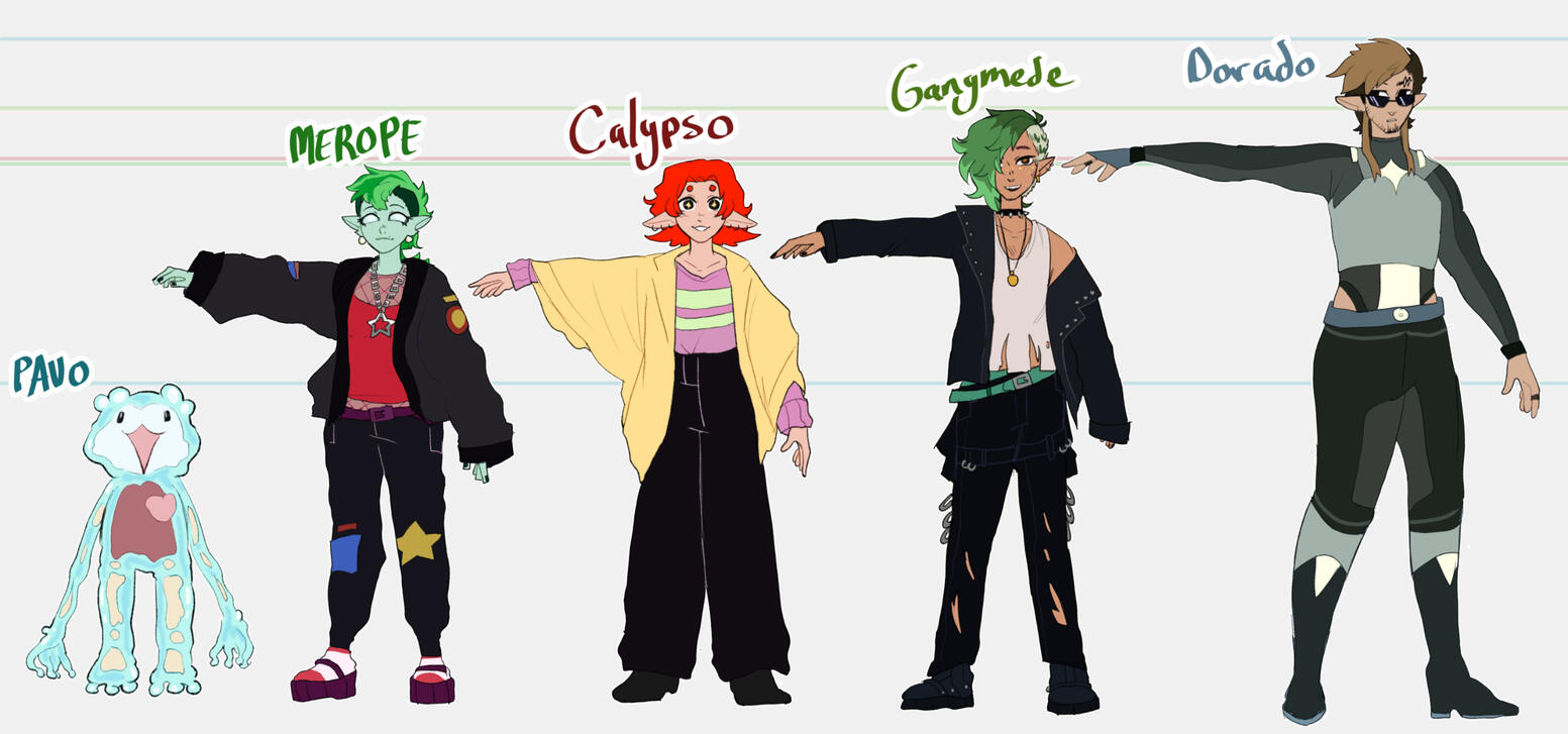 (August 2023) A lineup of the fictional band, Vindermiatrix. The characters Pavo, Merope,Ganymede, and Dorado are all original characters. Calypso is owned by @nyanperonya on Twitter.